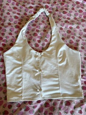 White Halter-Style Crop Tank Top with Decorative Bows